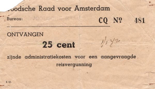 Amsterdam - Receipt from the Joodsche Raad voor Amsterdam