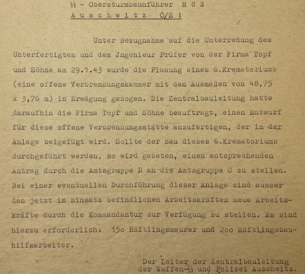 Auschwitz - Letter regarding the crematorium from Werner Jothann to Rudolf Höss