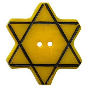Yellow six-pointed Bakelite Star of David button from Bulgaria, featuring two sewing holes, issued in 1942 as a compulsory identifier for Jewish citizens under antisemitic laws during the Holocaust, enforced by the pro-German Bulgarian government.