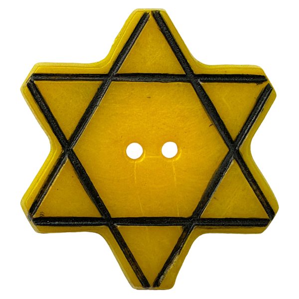 Yellow six-pointed Bakelite Star of David button from Bulgaria, featuring two sewing holes, issued in 1942 as a compulsory identifier for Jewish citizens under antisemitic laws during the Holocaust, enforced by the pro-German Bulgarian government.