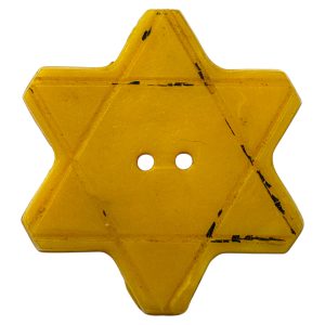 Yellow six-pointed Bakelite Star of David button from Bulgaria, featuring two sewing holes, issued in 1942 as a compulsory identifier for Jewish citizens under antisemitic laws during the Holocaust, enforced by the pro-German Bulgarian government.