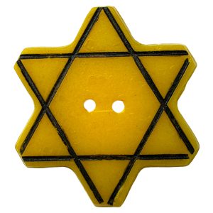 Yellow six-pointed Bakelite Star of David button from Bulgaria, featuring two sewing holes, issued in 1942 as a compulsory identifier for Jewish citizens under antisemitic laws during the Holocaust, enforced by the pro-German Bulgarian government. Bulgarian star of David
