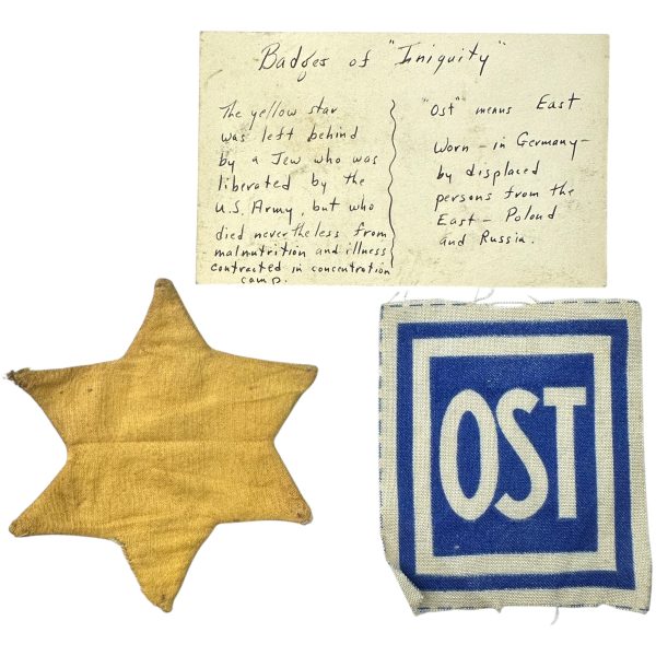 Worn yellow Star of David badge made of coarse fabric, used in Hungary during the Holocaust to identify Jewish people under Nazi persecution.