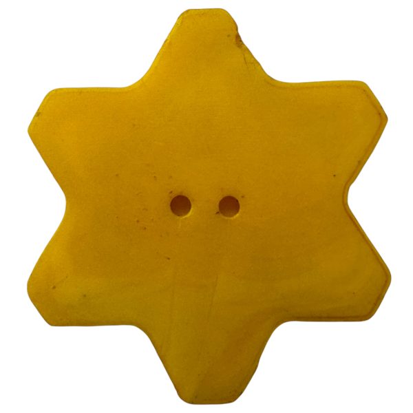 Yellow six-pointed Bakelite Star of David button from Bulgaria, featuring two sewing holes, issued in 1942 as a compulsory identifier for Jewish citizens under antisemitic laws during the Holocaust, enforced by the pro-German Bulgarian government.