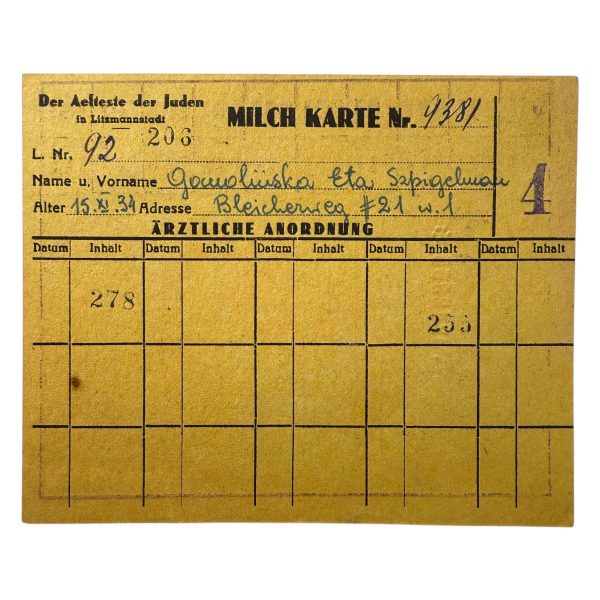 Ghetto Litzmannstadt - Children’s milk card of Eta Gamolinski