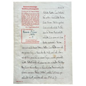 Original 1941 letter from Neuengamme concentration camp, written by inmate Misa Lorenz. The letter is on official camp stationery with printed camp rules and the heading "Konzentrationslager Hamburg-Neuengamme." A rare historical document offering insight into life inside a Nazi concentration camp during the Holocaust.